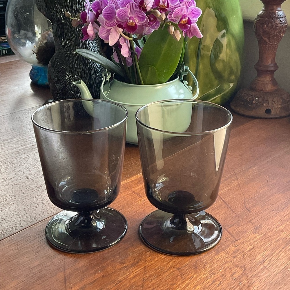 Vintage Libbey Wine Glasses Nova Black‎ Clear Grey Smoke Glass Water Goblet Cups